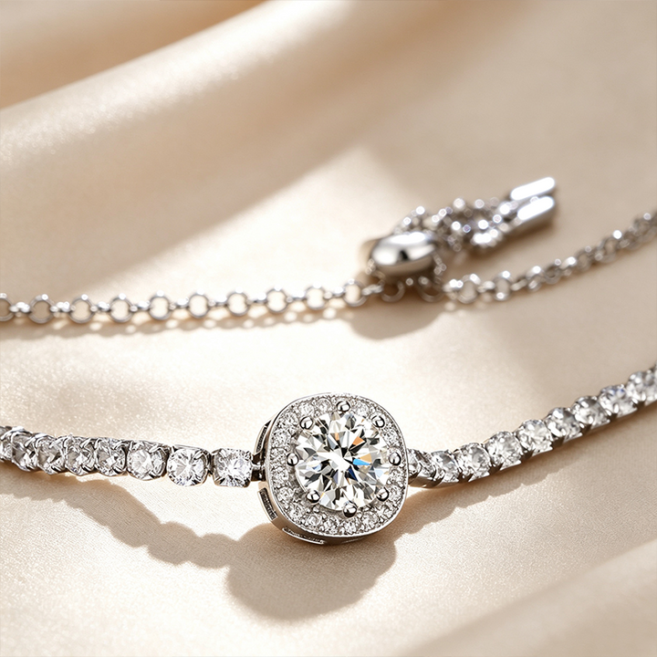 Cushion‑Halo Adjustable Tennis Moissanite Bracelet