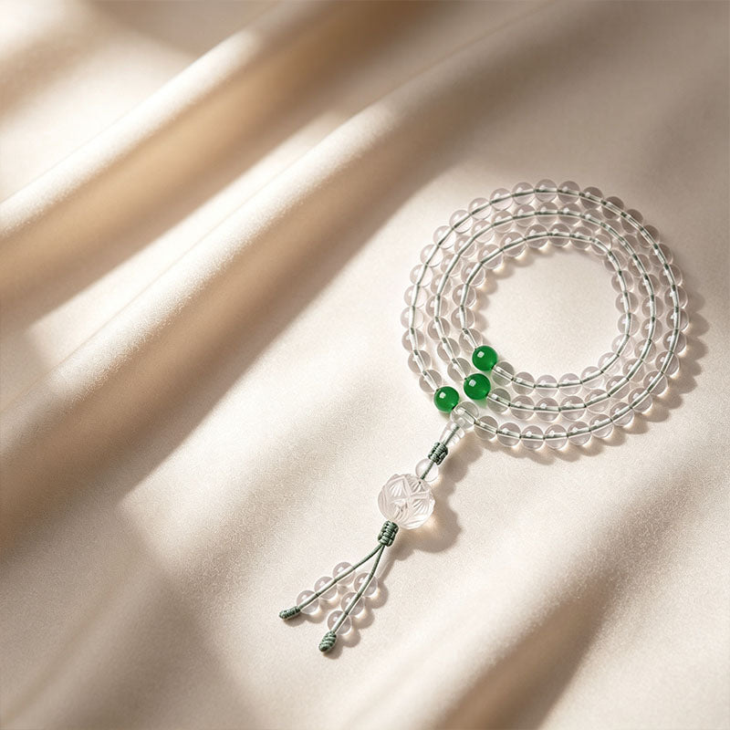 Clear Quartz 108‑Bead Lotus Mala Prayer Bracelet Necklace