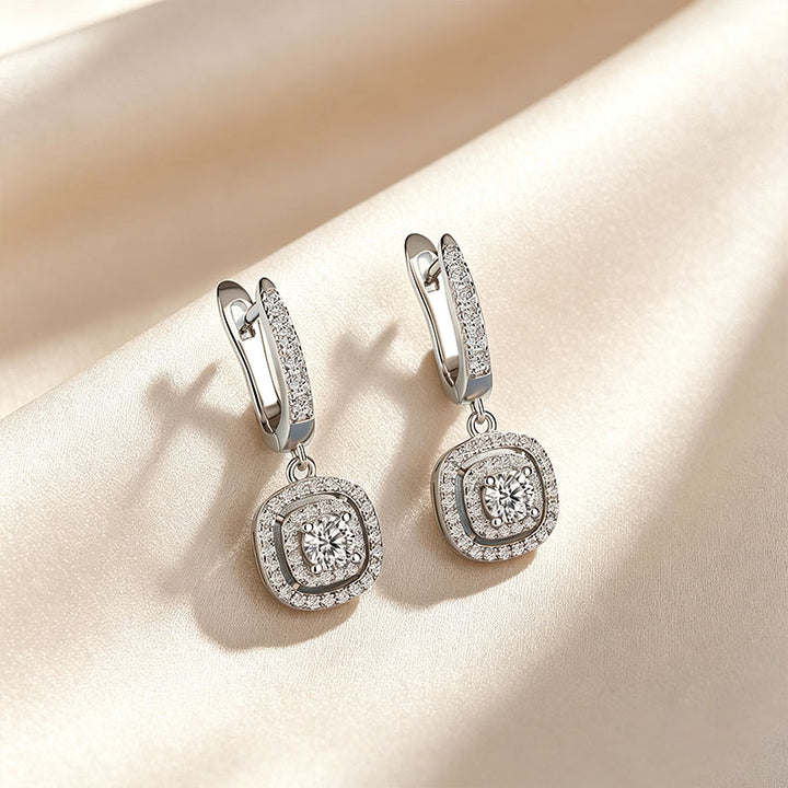 Cushion Double Halo Moissanite Huggie Drop Earrings