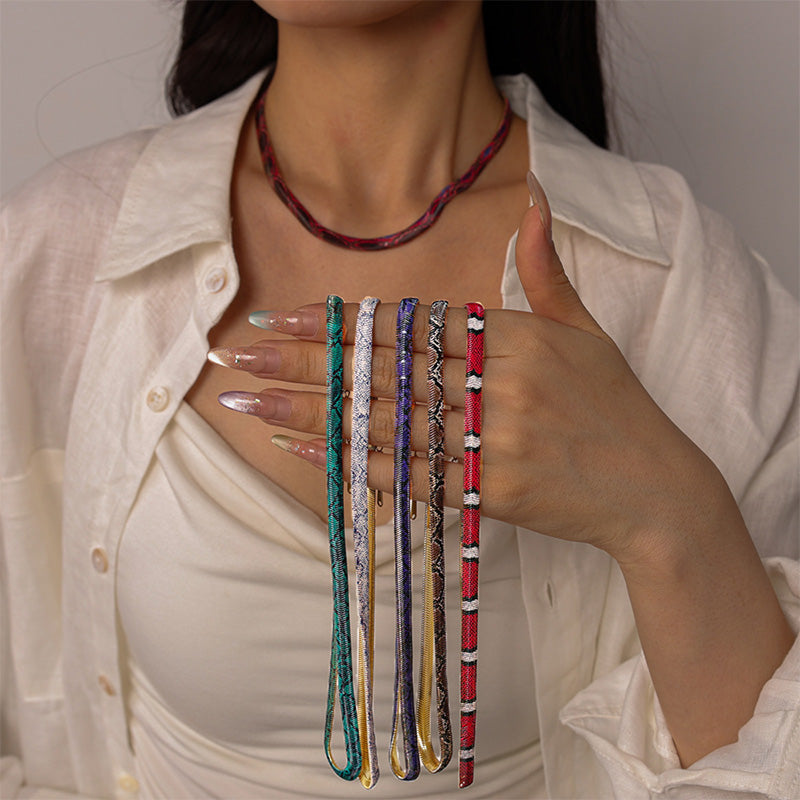 Snake Print Herringbone Chain Choker Necklace