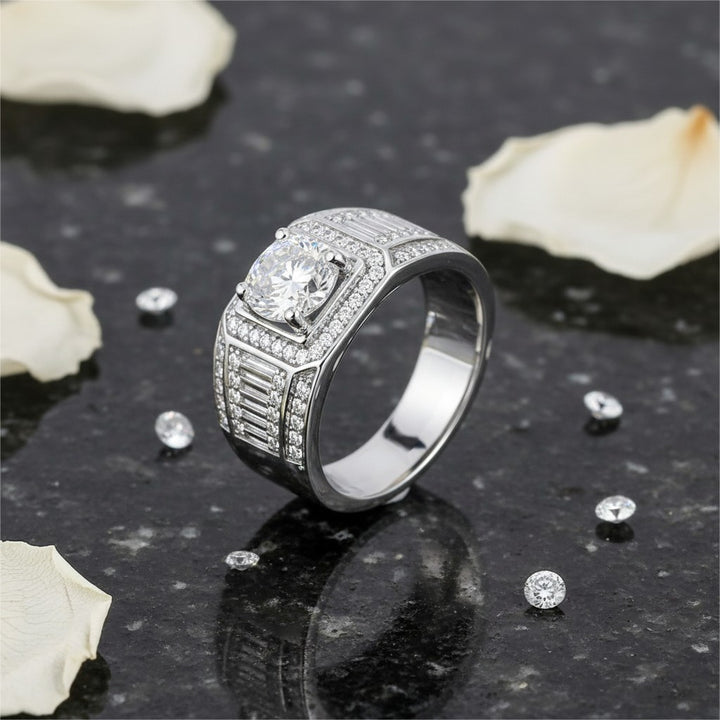 Round Baguette Halo Moissanite Men&