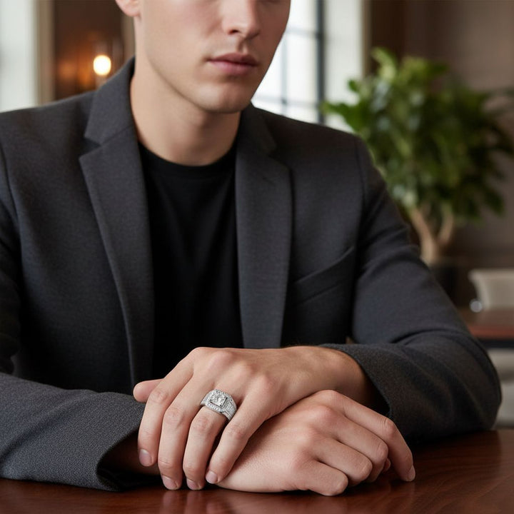 Round Baguette Halo Moissanite Men&