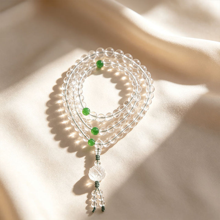 Clear Quartz 108‑Bead Lotus Mala Prayer Bracelet Necklace