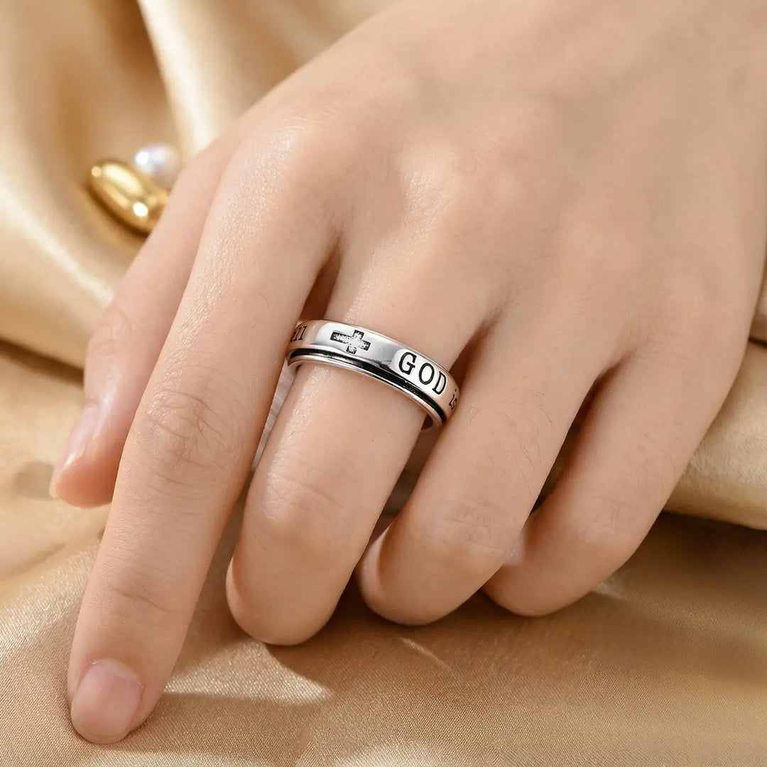 Rotatable Engraved Scripture Cross Band Ring