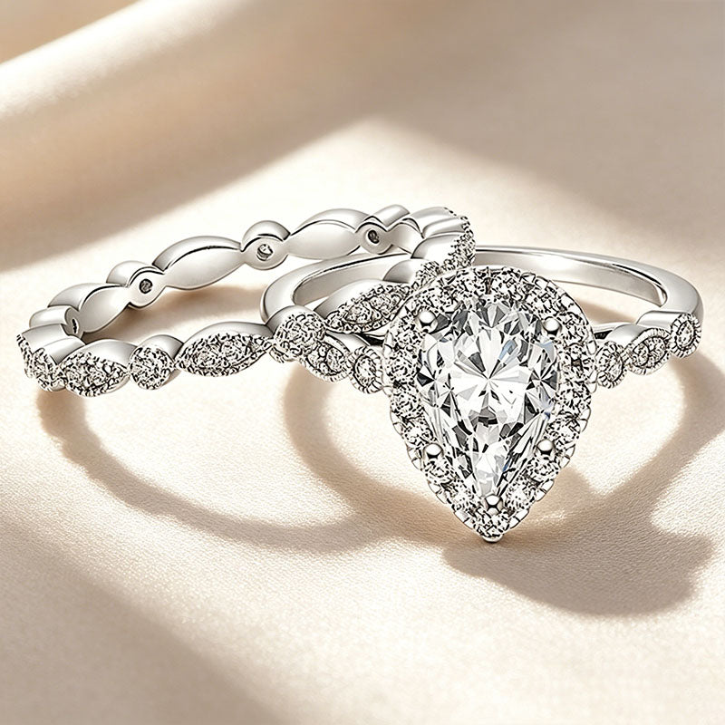 Pear-Shaped Solitaire Halo Stackable Ring Set