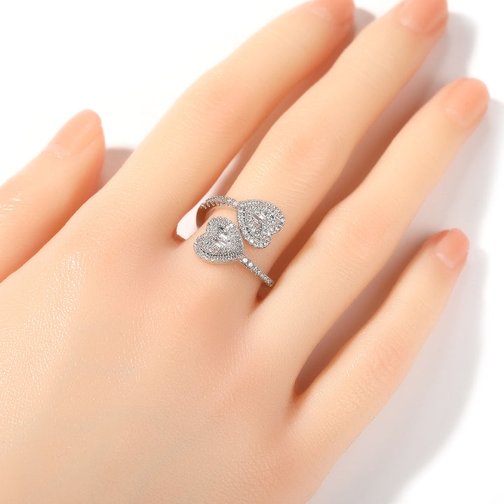 Double Heart Pavé Baguette Open Ring