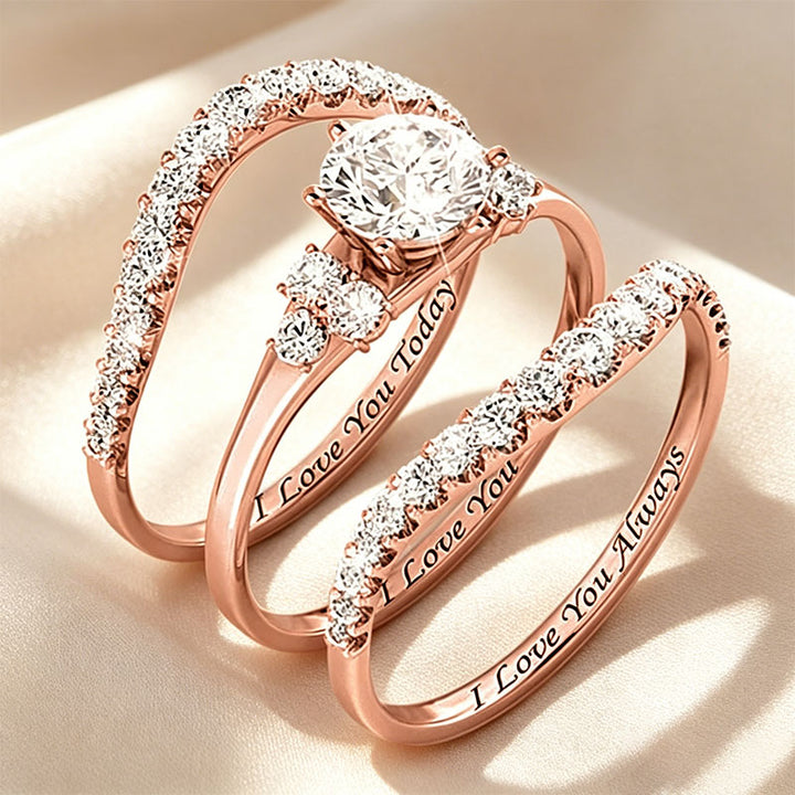 Round-cut gemstone promise ring three-piece set
