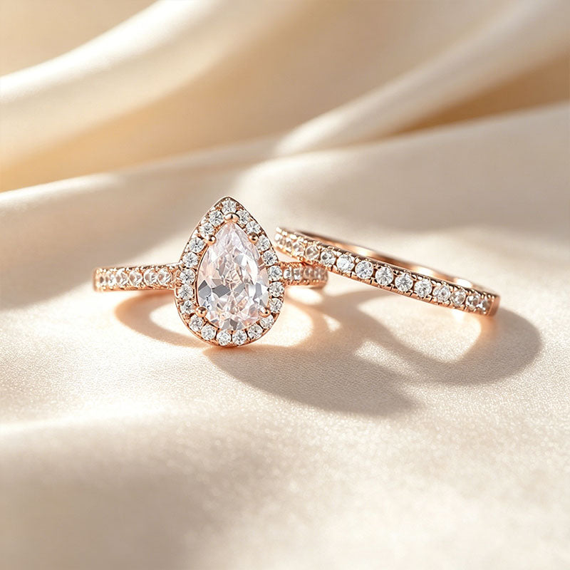 Pear-Shaped Solitaire Halo Stackable Ring Set