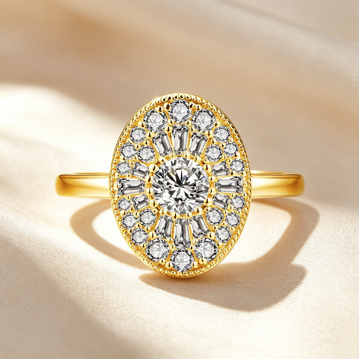 Oval Halo Sunburst Moissanite Ring
