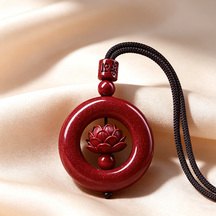 Cinnabar Hollow‑Carved Lotus Peace Donut Pendant Necklace