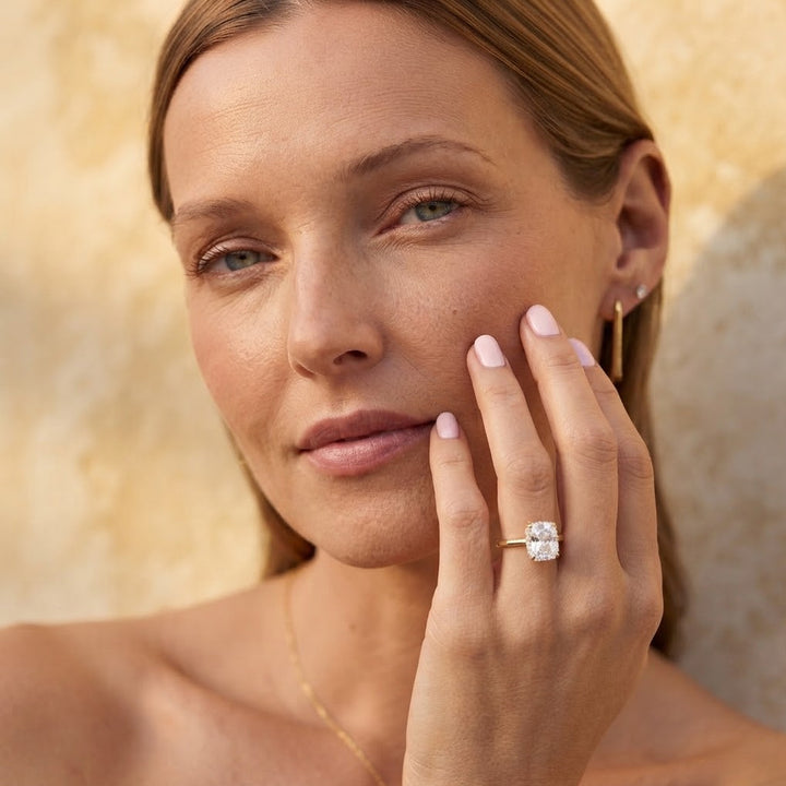 Elegant Elongated Cushion Partial Halo Moissanite Ring