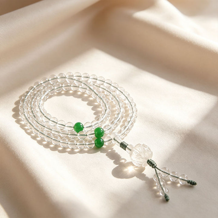 Clear Quartz 108‑Bead Lotus Mala Prayer Bracelet Necklace