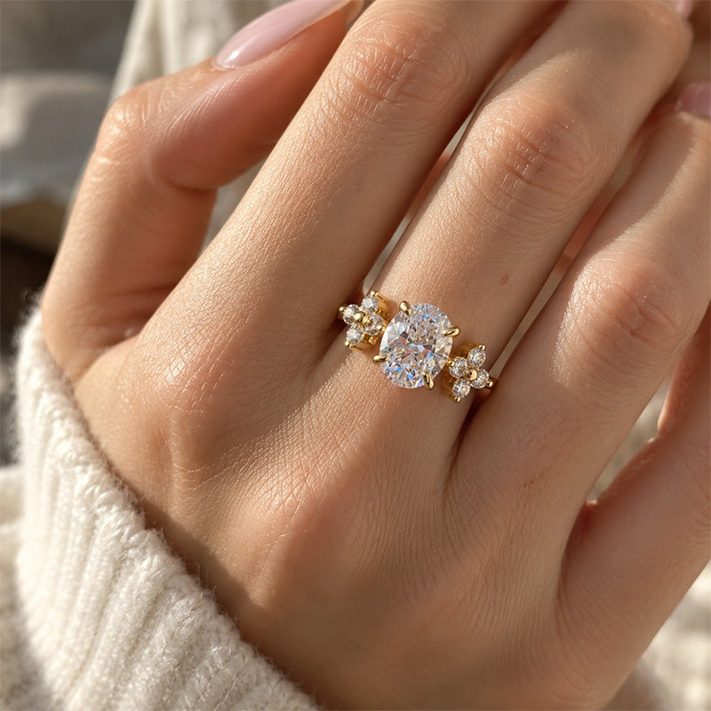 Oval Four-Prong Flower Accent Moissanite Ring