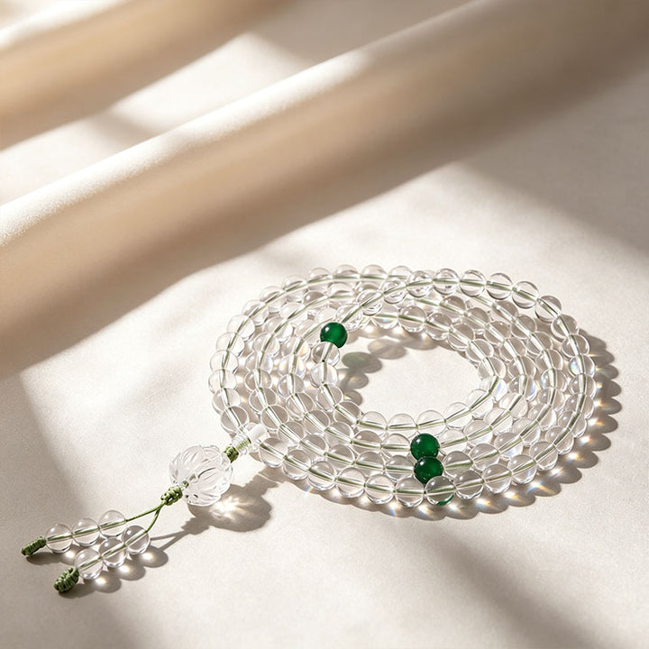 Clear Quartz 108‑Bead Lotus Mala Prayer Bracelet Necklace