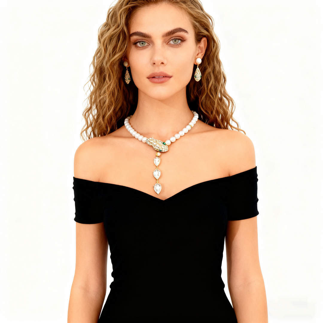 Emerald Diamond Pearl Necklace &amp; Earring Set