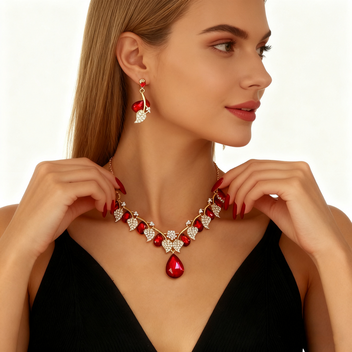 Red Crystal Diamond Necklace &amp; Earring Set