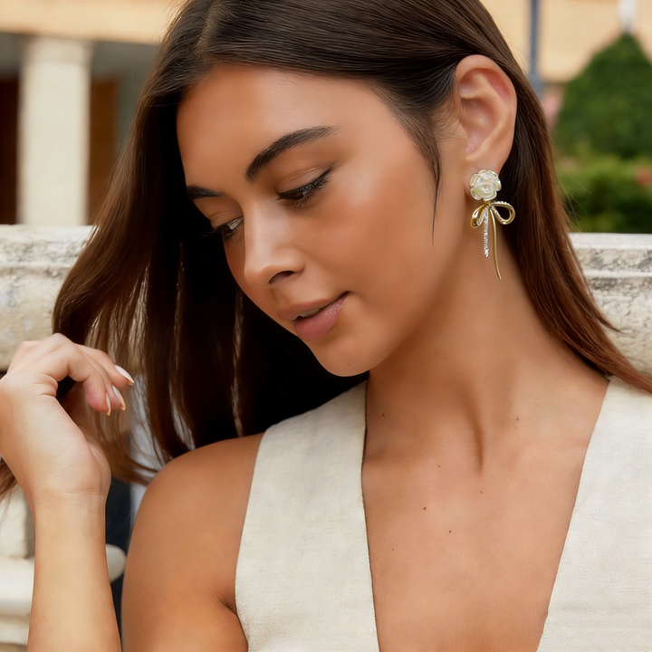 Elegant Bow &amp; White Flower Stud Earrings