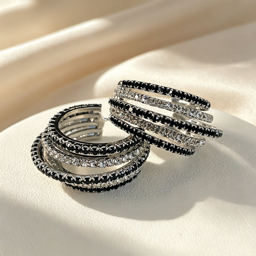 Black &amp; White Pavé Multi-Layer Hoop Earrings