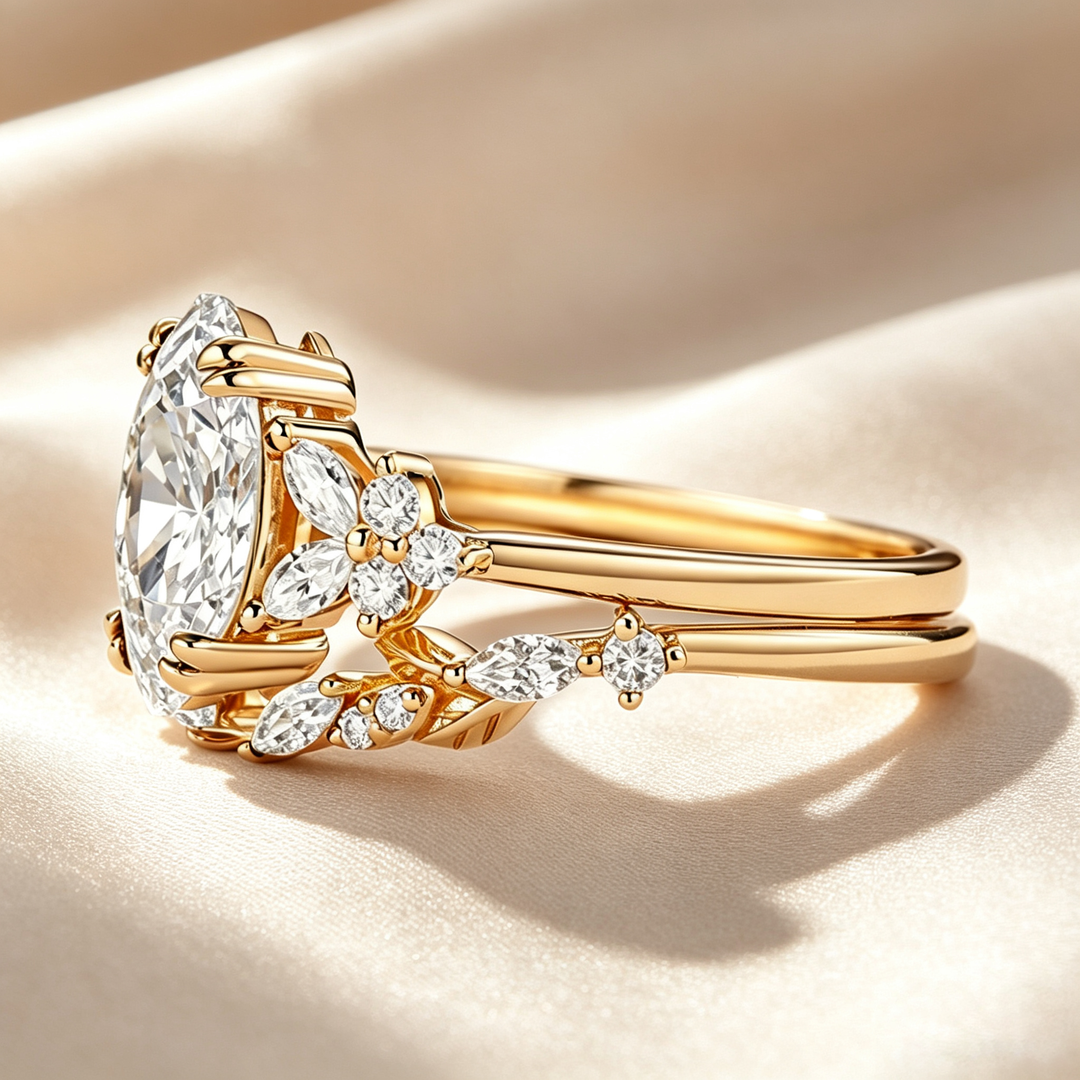 Marquise Floral Leaf Accent Moissanite Ring Set
