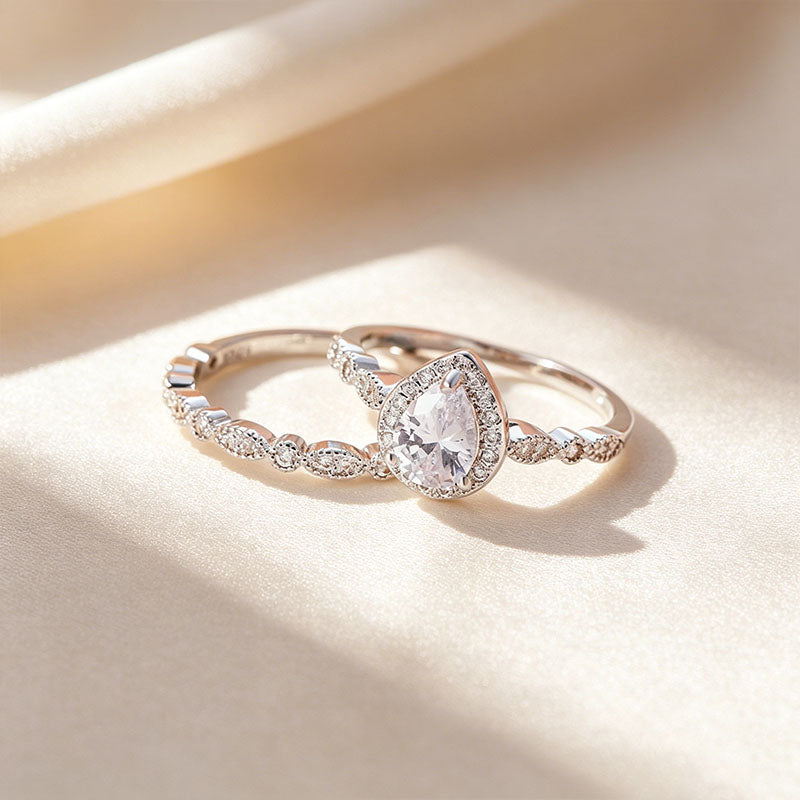 Pear-Shaped Solitaire Halo Stackable Ring Set