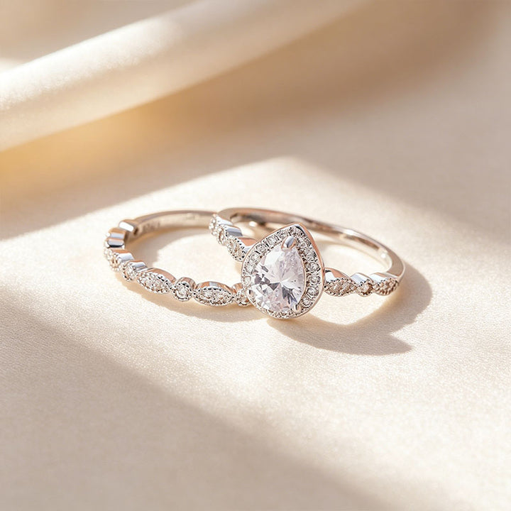 Pear-Shaped Solitaire Halo Stackable Ring Set