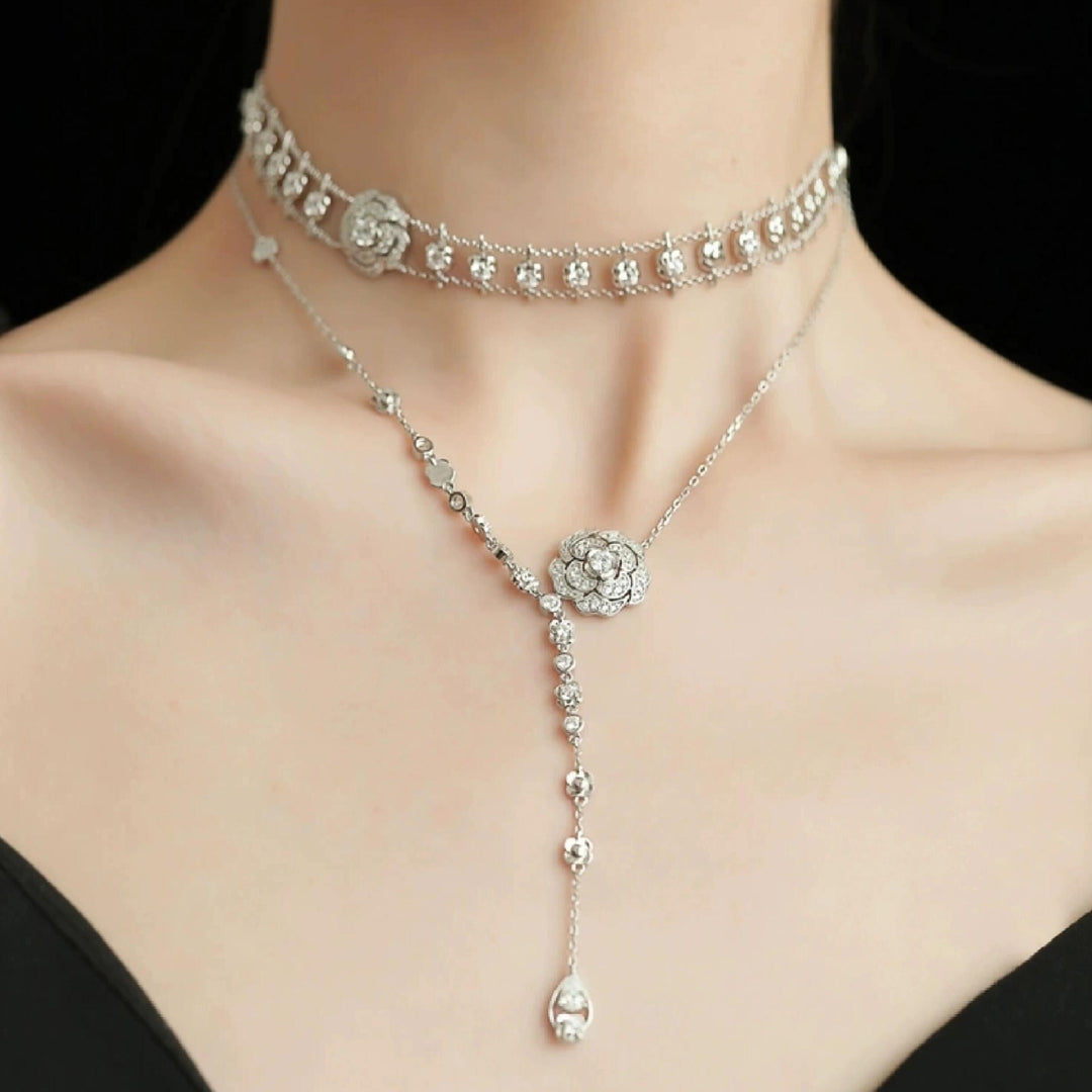 Camellia S925 Silver Diamond Necklace &amp; Bracelet &amp; Earrings