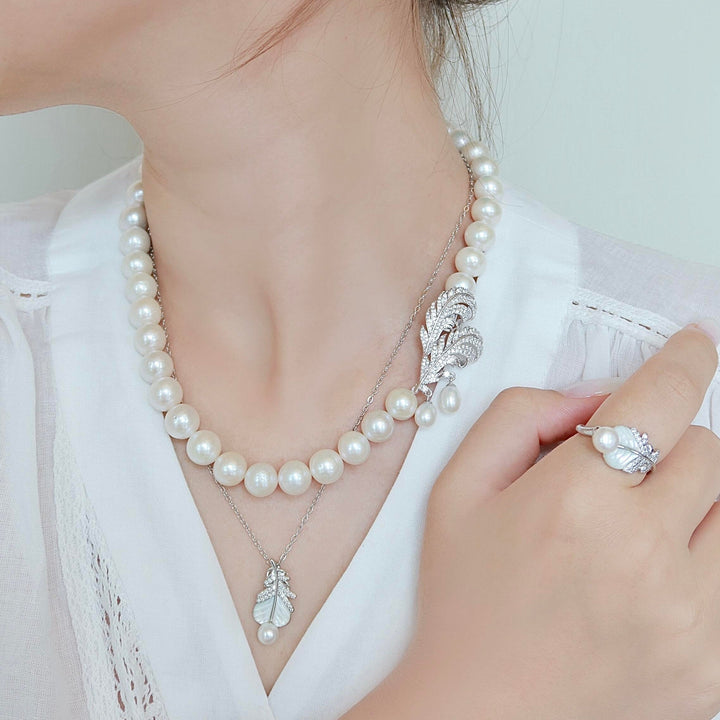 Feather Pearl Necklace &amp; Earrings &amp; Ring