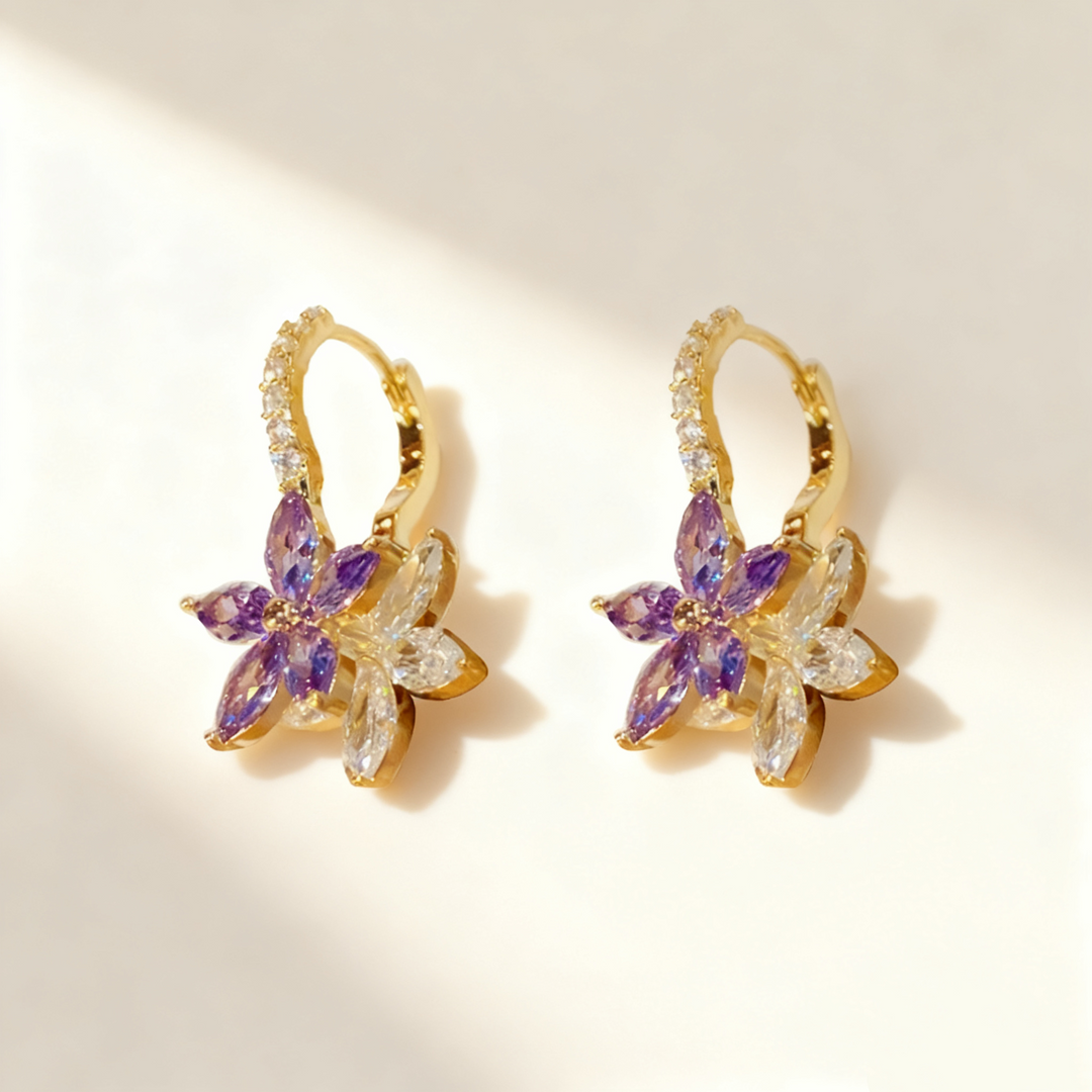 Amethyst &amp; Diamond Flower Double-Layer Earrings