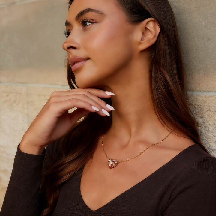 Multicolor Crystal Heart Stud Earrings &amp; Necklace Set