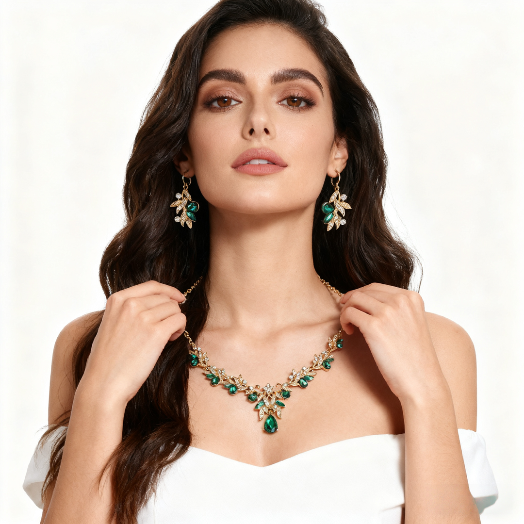 Green Crystal Leaf &amp; Diamond Necklace &amp; Earring Set
