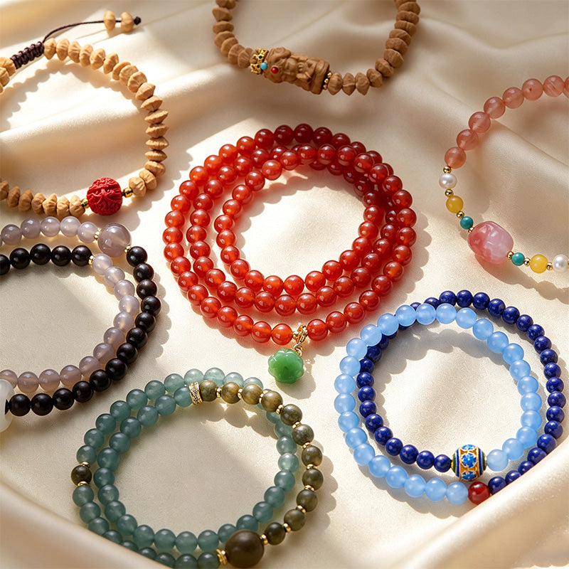 Green Sandalwood &amp; Agate Beaded Bracelet Collection