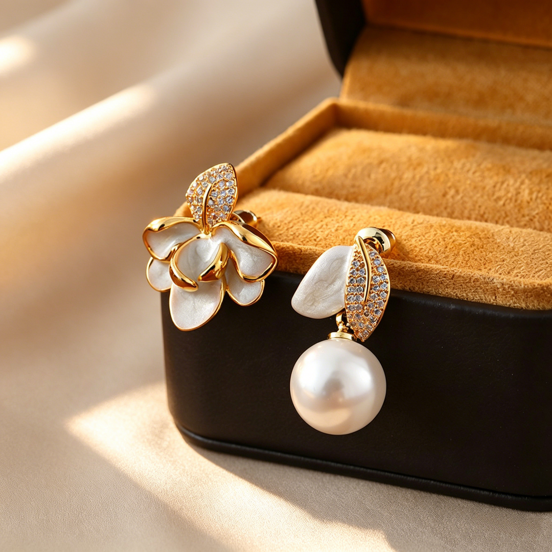 Elegant Asymmetrical Magnolia Enamel &amp; Pearl Drop Earrings