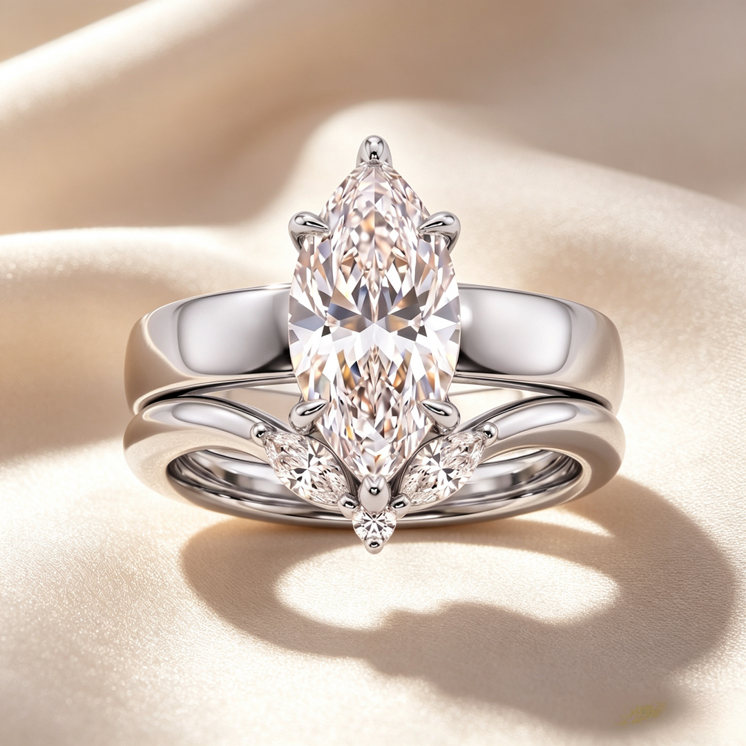 Marquise Three‑Stone Bridal Ring Set