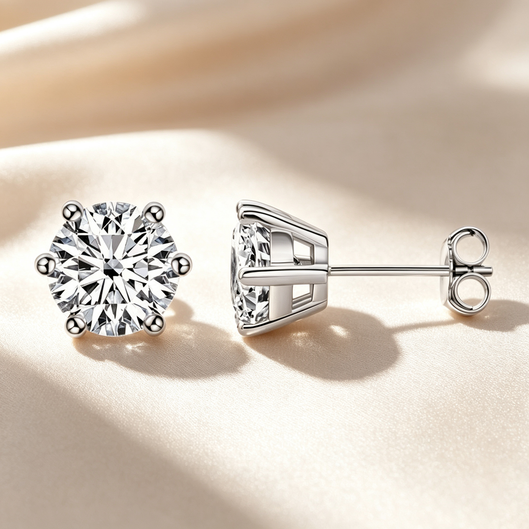 Round Classic Six‑Prong Solitaire Moissanite Stud Earrings