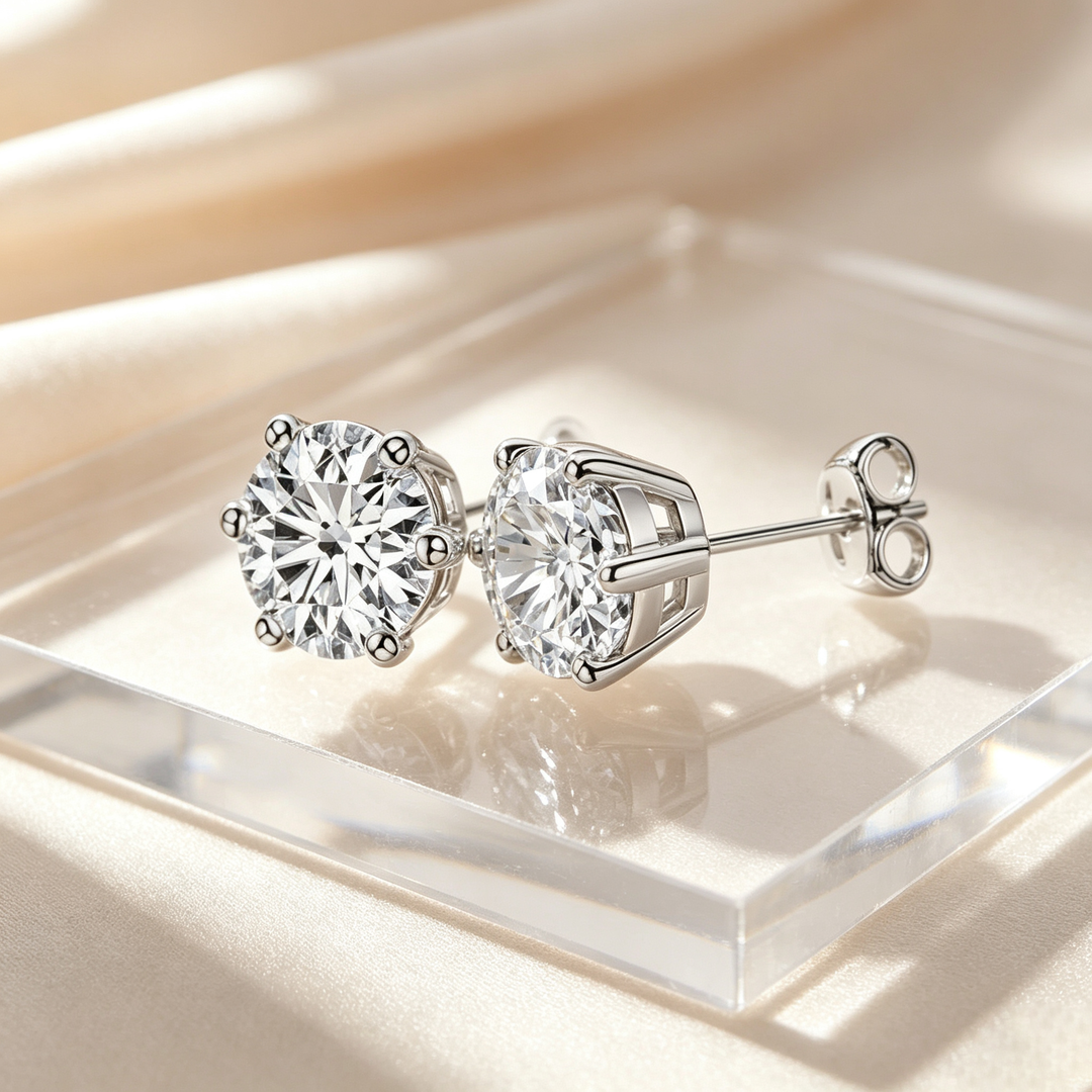 Round Classic Six‑Prong Solitaire Moissanite Stud Earrings