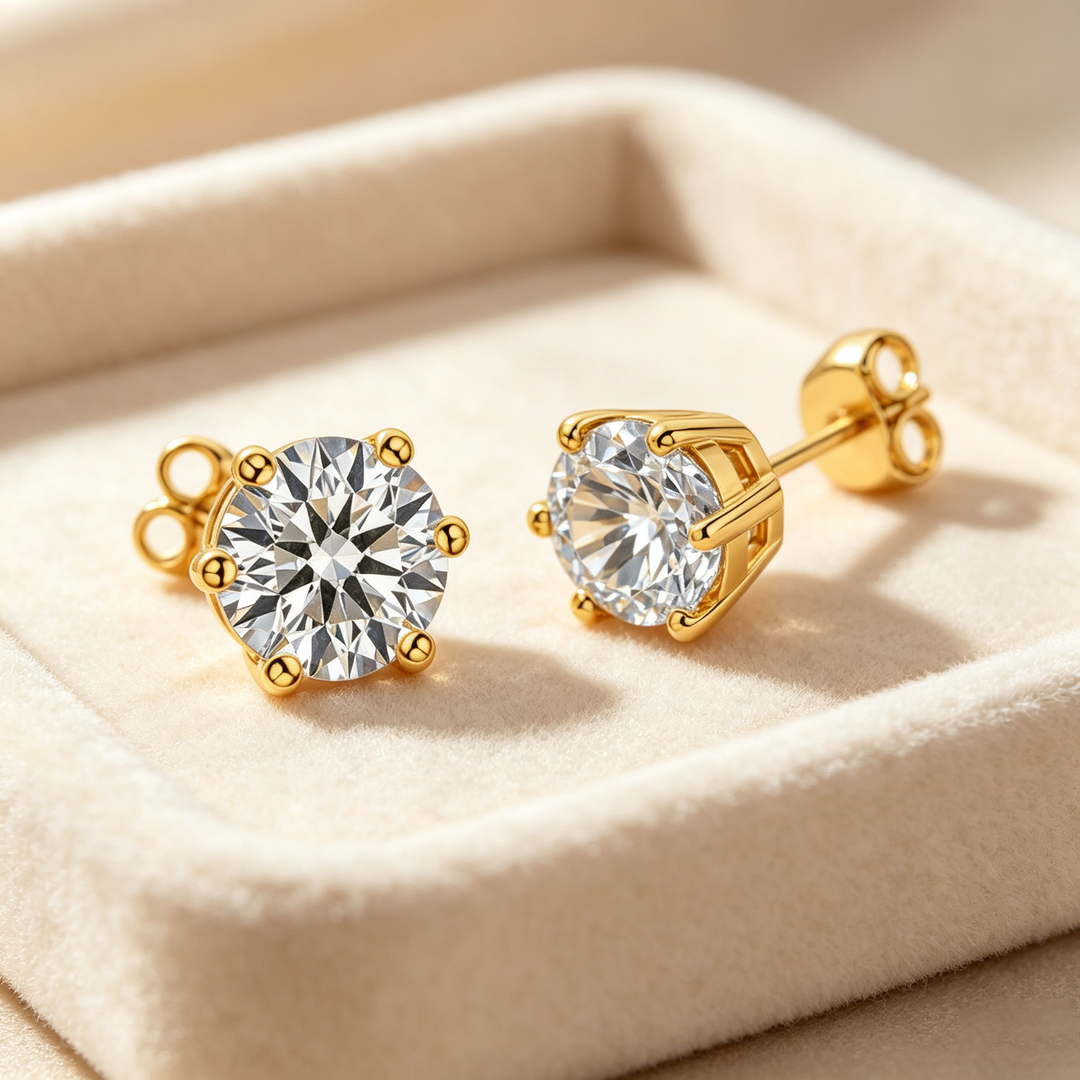 Round Classic Six‑Prong Solitaire Moissanite Stud Earrings