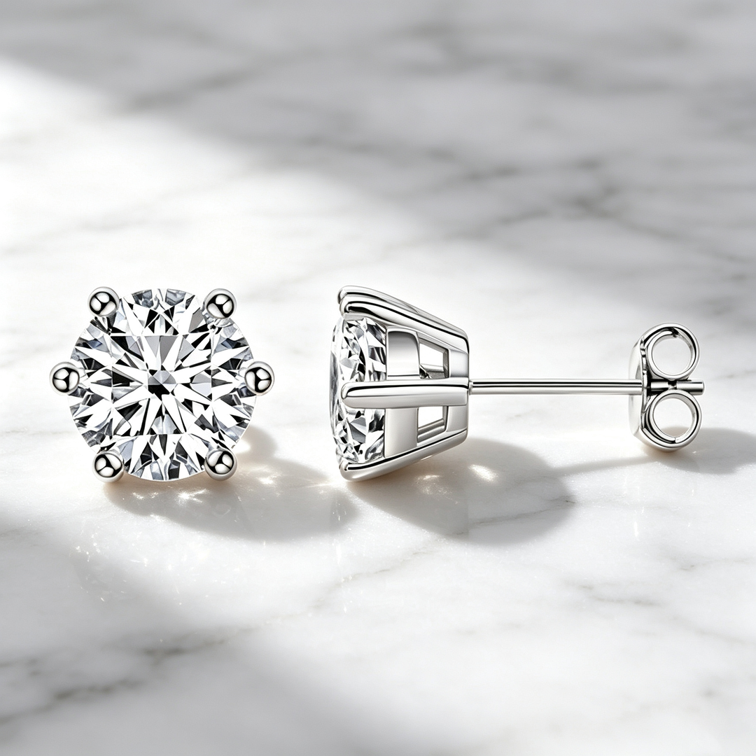 Round Classic Six‑Prong Solitaire Moissanite Stud Earrings
