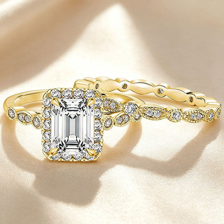 Emerald-cut solitaire and matching band set