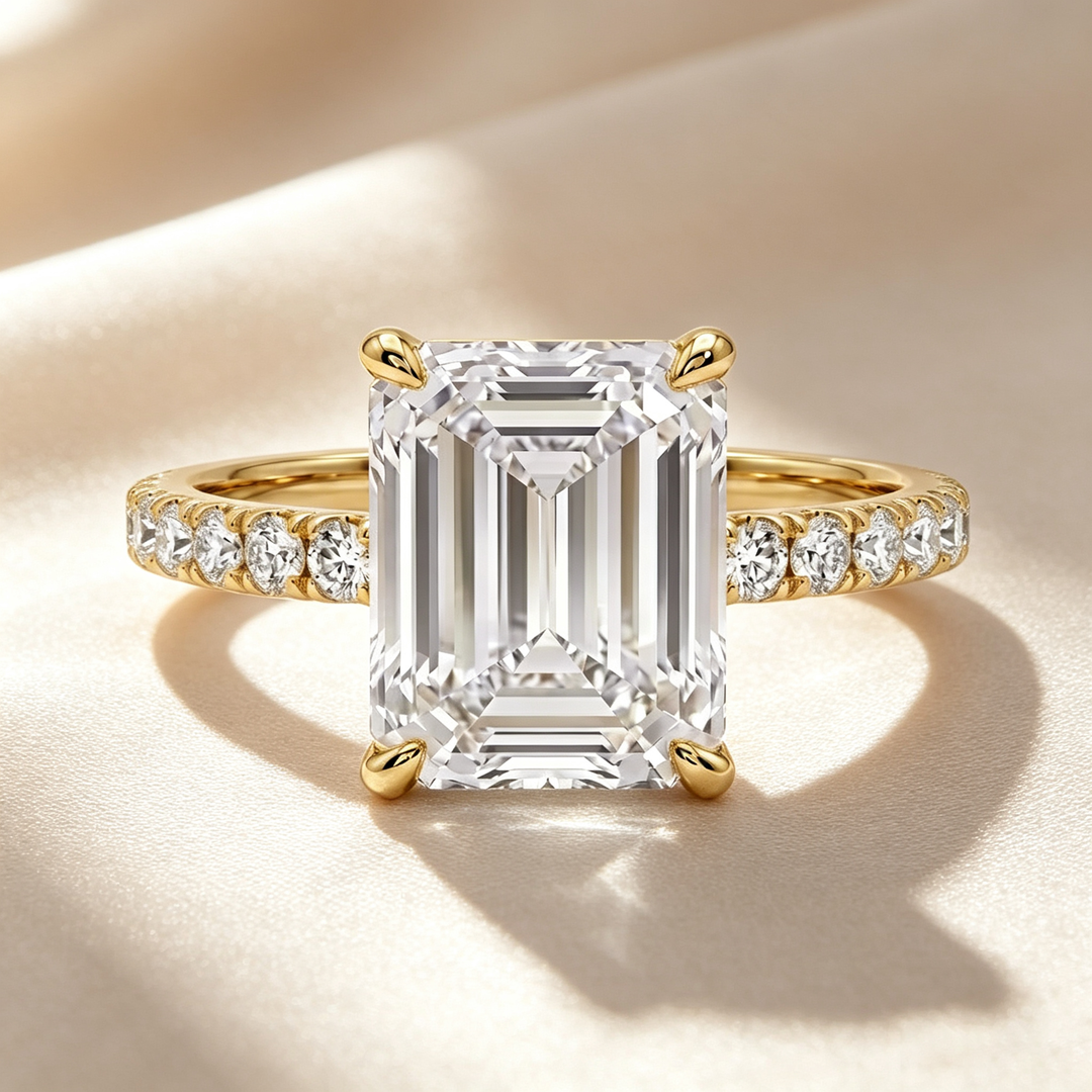 Emerald‑Cut Pavé Band Moissanite Ring