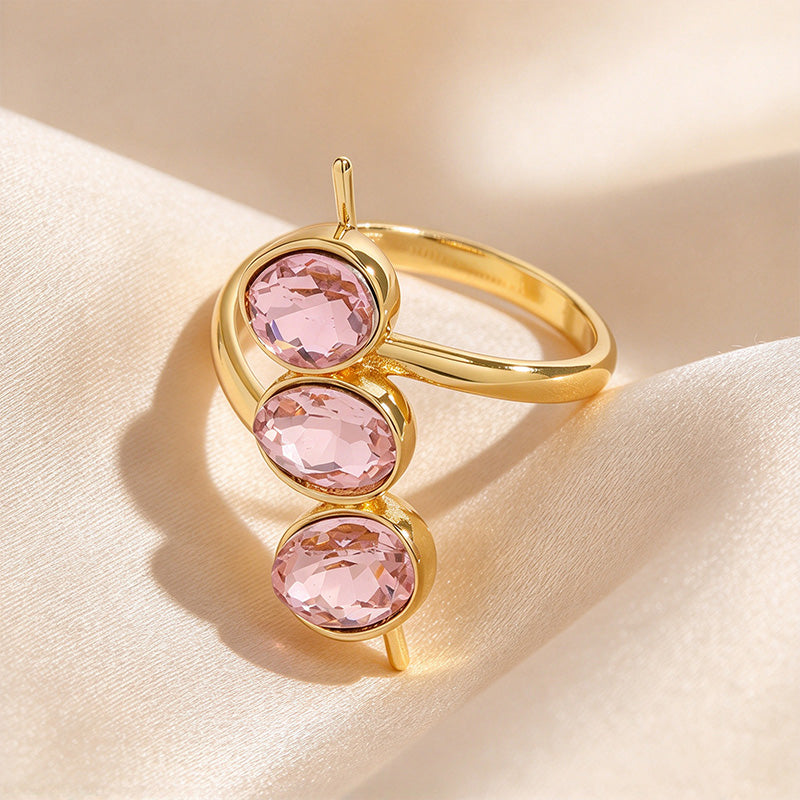 Oval Bezel Three-Stone Open Wrap Crystal Ring