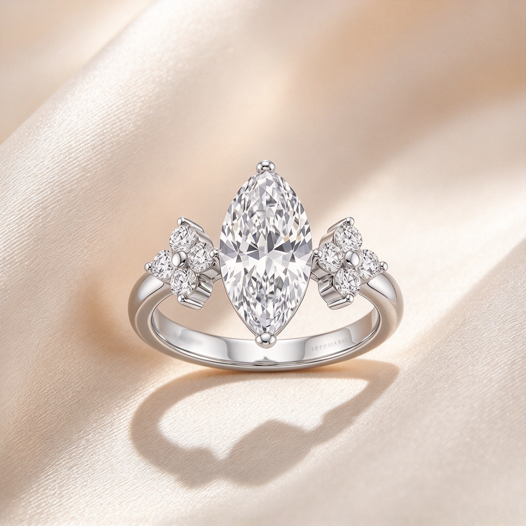 Marquise Cut Four-Prong Floral Accent Ring