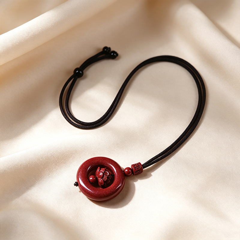 Cinnabar Hollow‑Carved Lotus Peace Donut Pendant Necklace