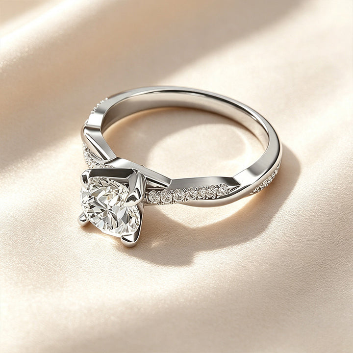 Round Cut Twisted Shank Paved Side Stone Ring