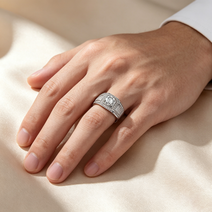 Round Baguette Halo Moissanite Men&