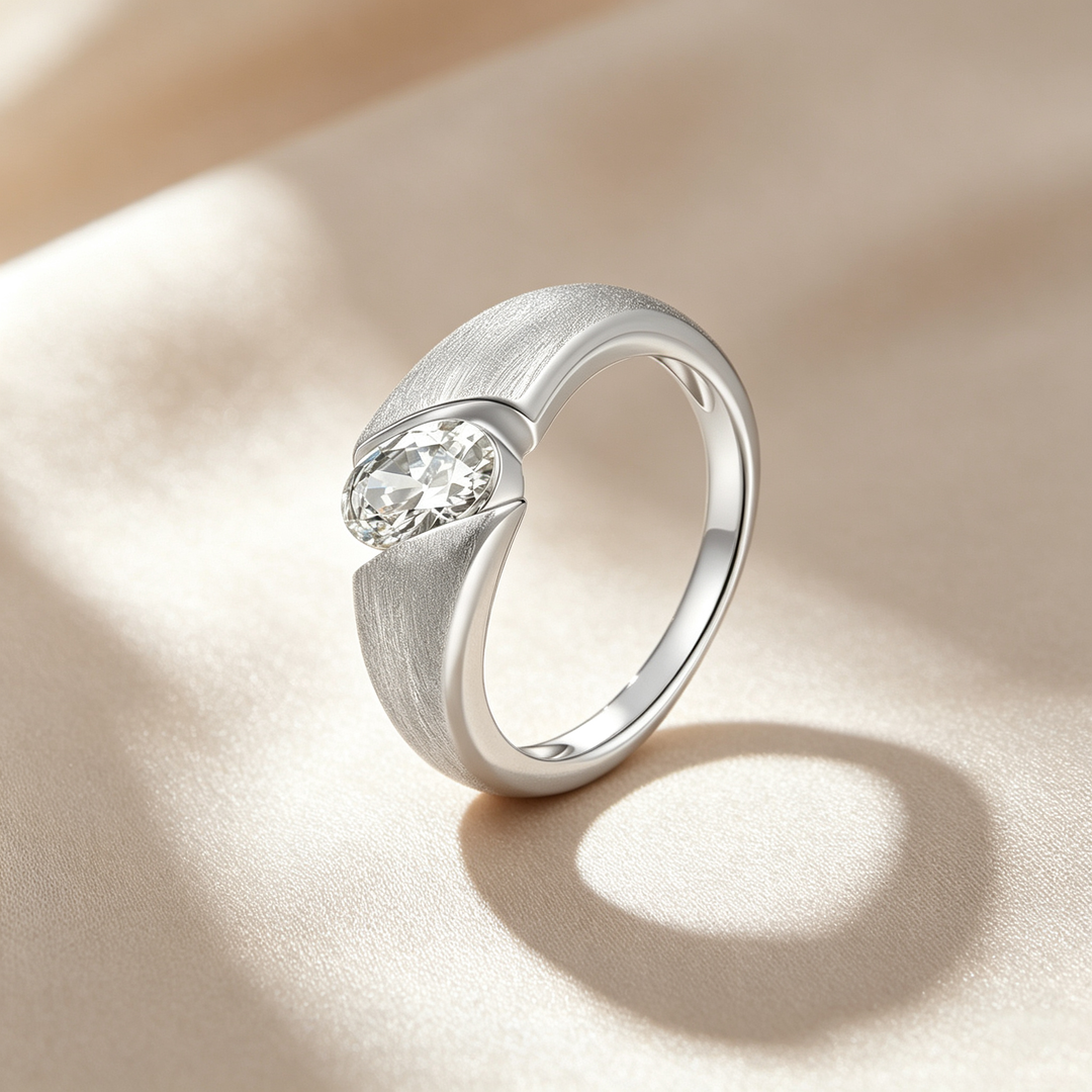 Oval Bezel‑Set Brushed Finish Moissanite Solitaire Ring