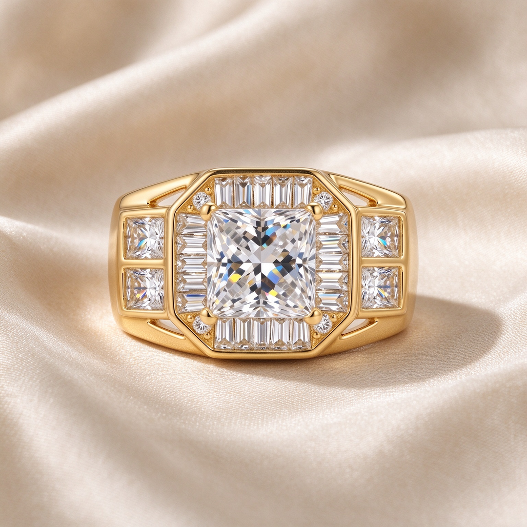 Princess Cut Four-Prong Halo Baguette Pavé Men&