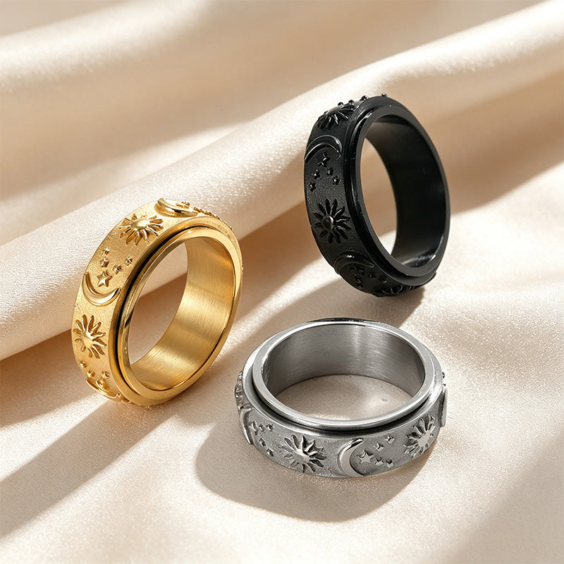Sun‑Moon‑Star Embossed Rotating Spinner Ring Collection