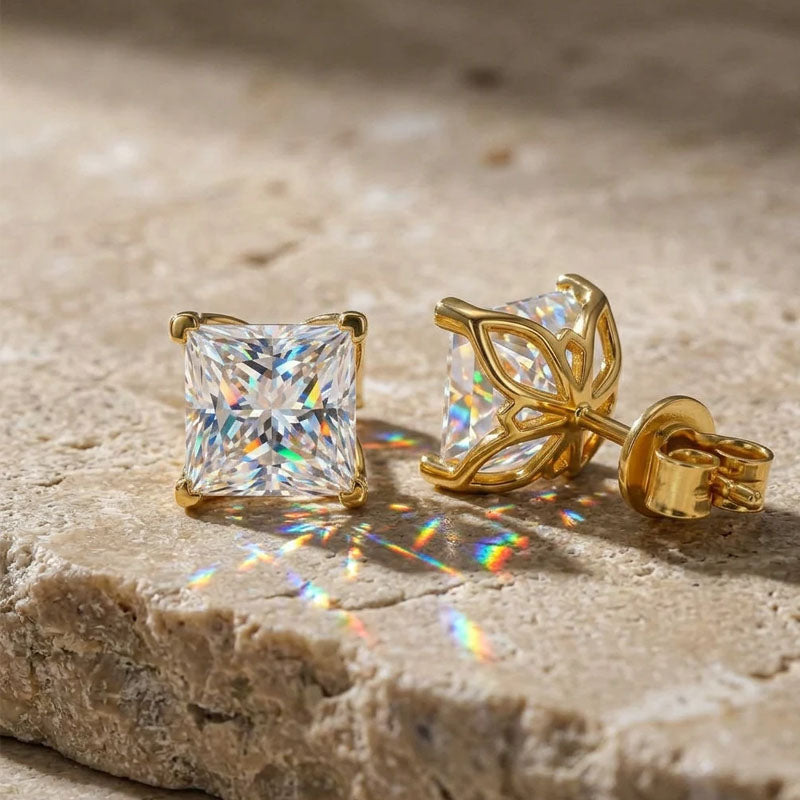 Princess Cut Butterfly‑Back Solitaire Moissanite Stud Earrings