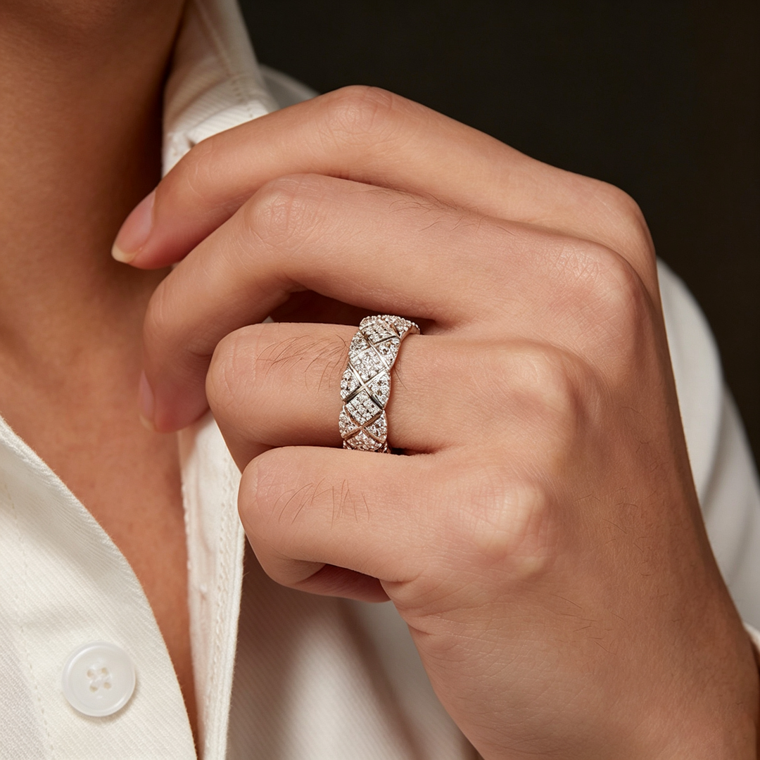 Quilted Pave‑Set Moissanite Wide Band Ring