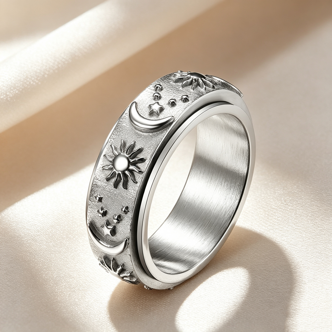 Sun‑Moon‑Star Embossed Rotating Spinner Ring Collection